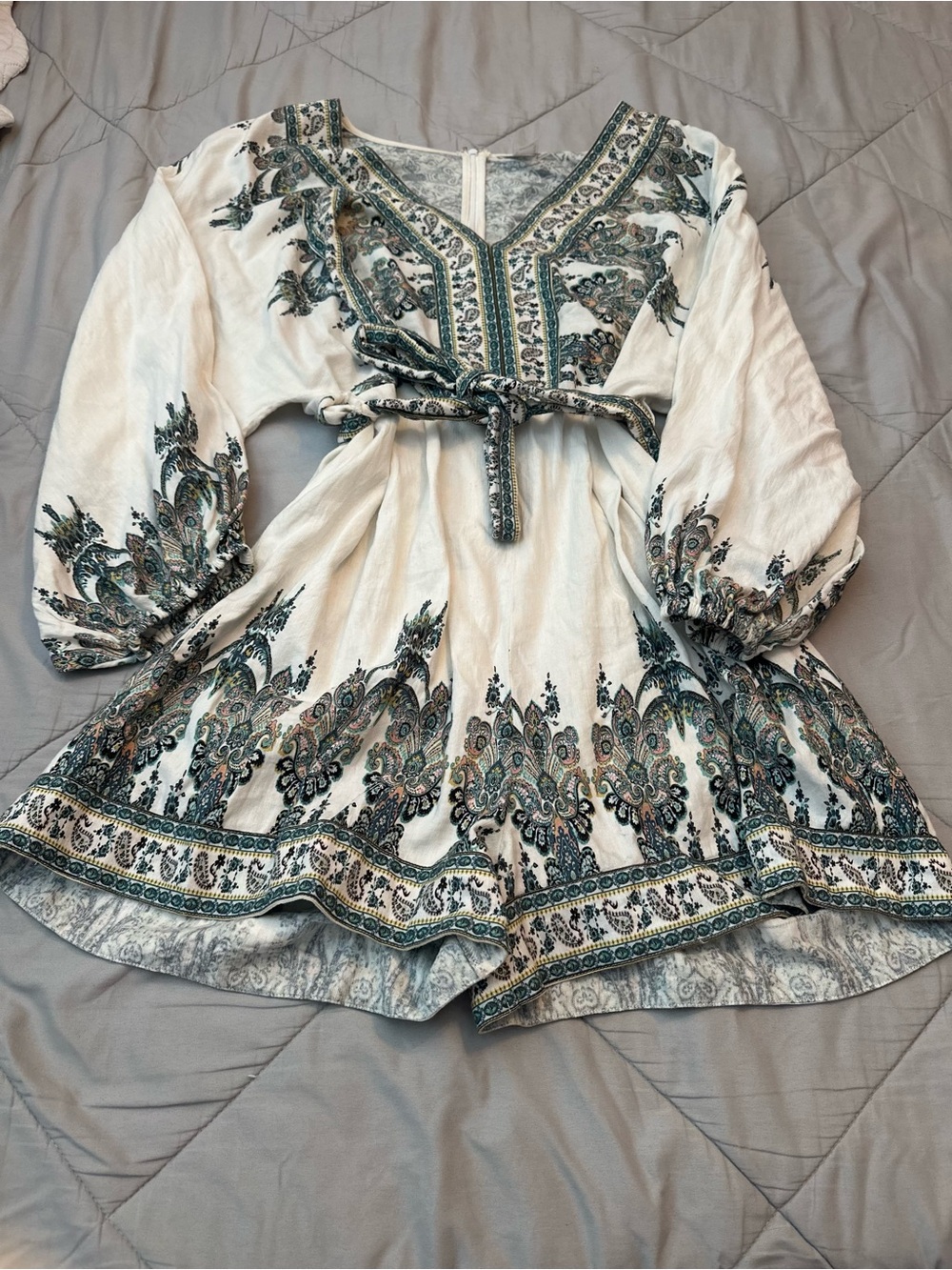 VENUS Cream Top with Teal and Green Paisley Print Romper